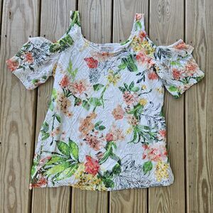 Harlow & Rose Floral Lace Cold Shoulder Top Vibrant Tropical Burnout Large